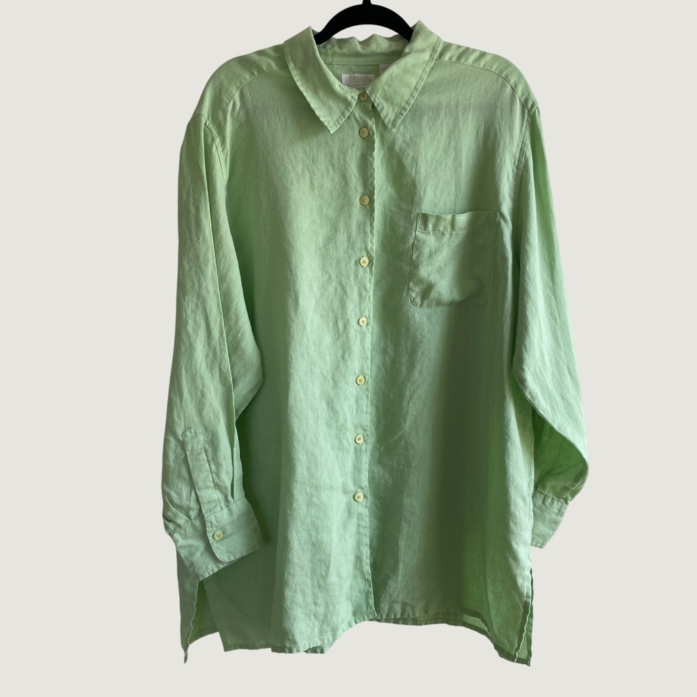 Linen Button Down Long Sleeve Women Size 20 Green Liz Claiborne Coastal Grandma